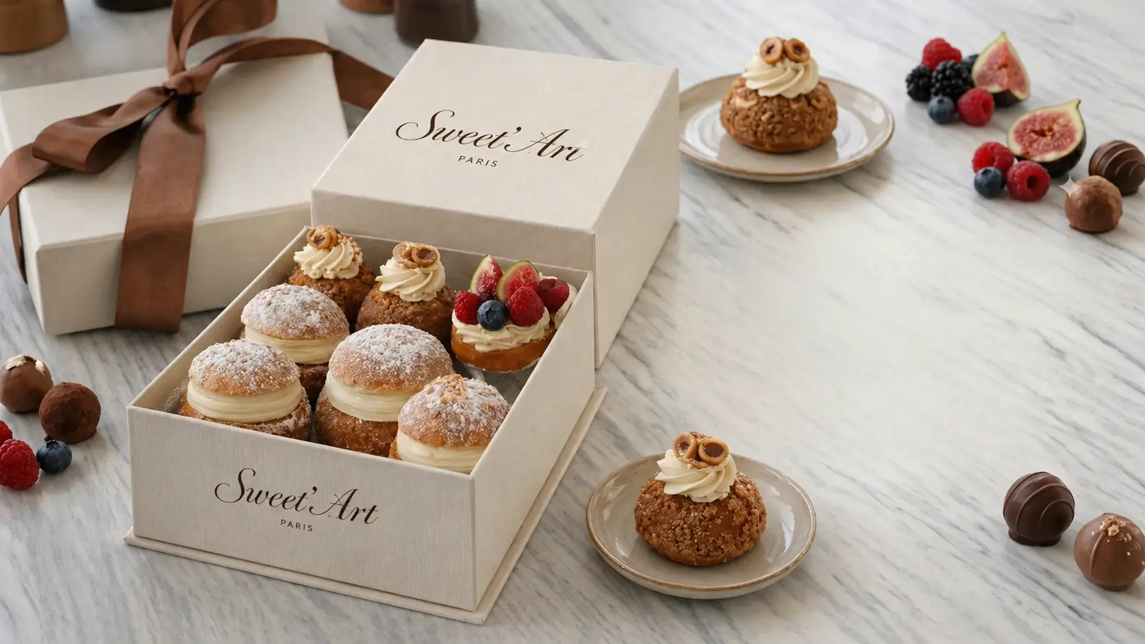 Boîte de pâtisseries Sweet'Art sur marbre